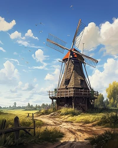 ZMHZMY Malen nach Zahlen Erwachsene,Flusswindmühle DIY Handgemalt Ölgemälde Kits auf Leinwand Geschenk für Weihnachten Geburtstag Home Haus Deko - Ohne Rahmen