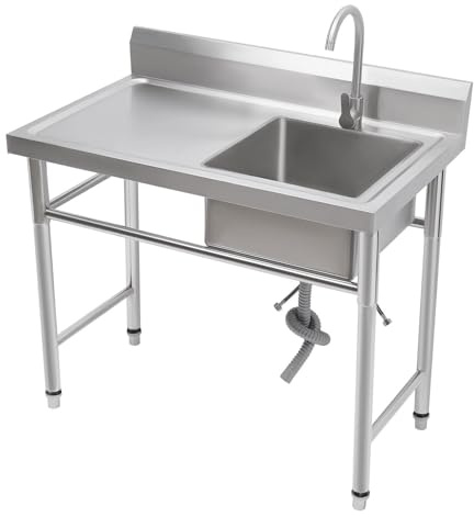 KüChenspüLe SpüLtisch Rechts GastrospüLe Waschtisch Edelstahl SpüLbecken SpüLtheke EdelstahlspüLe Mit Klopfen Waschbecken Faucet KüChe SpüLe Garten CampimgspüLe SpüLtische 1 Becken 100X60cm