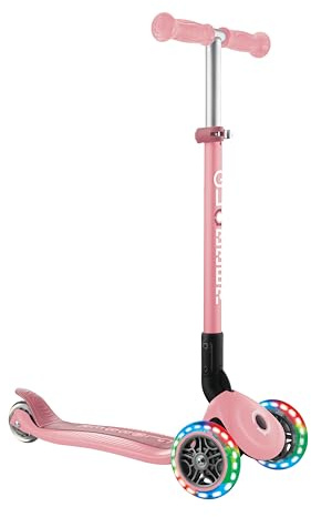 Globber Primo Foldable Scooter with Light Up Wheels, Rear Brake System, Reinforced Colour Matching Deck, Grows with your Child, 3-7 Years, 2 Year Warranty & No Batteries Required (Pastel Pink)