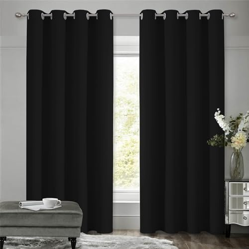 VEHEDE Schwarz Schallschutz Blickdichte Vorhänge Wohnzimmer, Thermovorhang Hitzeschutz Gegen Kälte Gardinen mit Ösen, Raumteiler Verdunklungsvorhänge Schlafzimmer, H 229 x B 140 cm, 2er Set