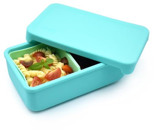melii Bento Box aus 100% Silikon mit herausnehmbaren Trennwänden, 2 Fächern, leicht zu öffnen und zu schließender Deckel, spülmaschinenfest, BPA-frei, Blau + Minze
