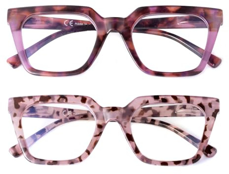 SKYWAY 2 Pack Groß Lesebrille für Damen, Stilvolle übergroße Blaulichtfilter Computerbrille mit Federscharnier, Lesebrille 3.0,Rosa Schildpatt/Lila Schildpatt