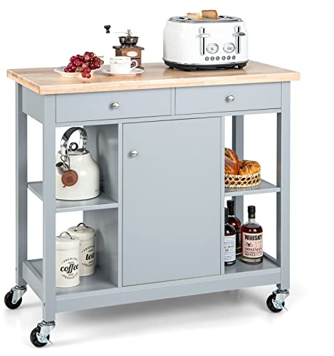 COSTWAY Desserte de Cuisine Mobile, Ilot de Cuisine Roulant, Plateau en Bois d'Hévéa, 4 Étagères Ouvertes, 2 Tiroirs, 1 Armoire Fermée, Chariot de Service pour Cuisine, Salle à Manger (Gris)