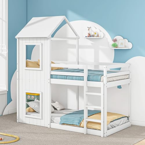 Moimhear 90x200cm Etagenbett, Kinderbett, Hausbett für Mädchen und Jungen, mit Leiter & Baldachin, bodentief, massivholz (weiß)