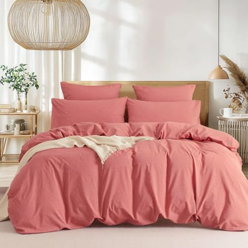 Freyamy Baumwolle Bettwäsche 200x200cm 3teilig Rosa Baumwolle Renforce Bettwäsche Set Unifarben Leinenoptik Deckenbezug Uni Elegant Bettbezug mit Reißverschluss und 2 Kissenbezug 80x80cm