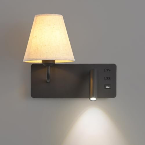 AoLa Lampe de chevet de chambre avec interrupteur Luminaire Mural d'intérieur avec lampe de lecture rotative LED 3W E27 Applique Murale avec prise USB Base en aluminium noir pour étude de salon