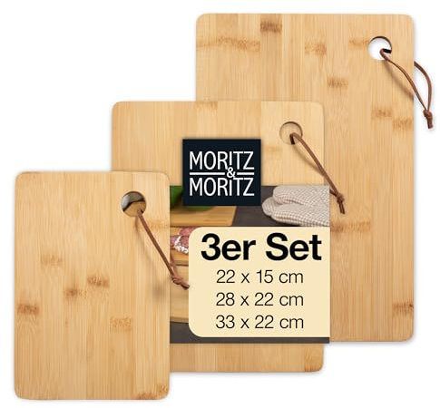 Moritz & Moritz Tabla de desayuno de bambú, juego de 3 tablas de cortar de madera, antibacterianas, resistentes y respetuosas con los cuchillos, versátil como tabla de madera para cocina, tabla de pan