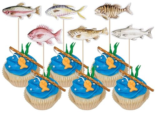 Rsstarxi 36 Pack Fishing Cupcake Toppers Fish Cupcake Topper Go Fishing Cupcake Picks for Boys Girls Happy Birthday Fishing Baby Shower Party Cake Decorations