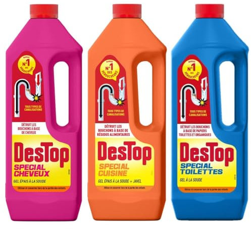 DESTOP Pack Gel Déboucheur Cheveux + Gel Déboucheur Cuisine + Gel Déboucheur Toilettes