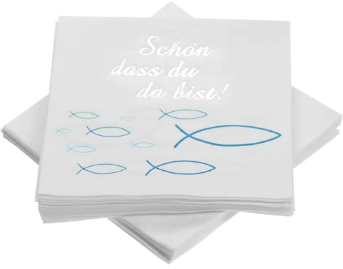 20 Stück Blaue Fisch Servietten, Schön, dass du da bist!', Servietten Fisch Blau Türkis, Taufdeko Tisch Deko, Fisch-Tischdeko für Taufe, Kommunion, Konfirmation, 33 x 33cm