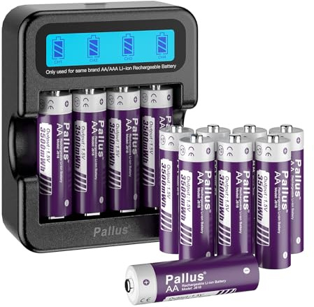 Pallus Lot de 12 Piles AA Rechargeables au Lithium, 3500 mWh, Haute Capacité, Piles AA Longue Durée à Puissance Constante, 1600 Cycles, Décharge Max. 3 A, Chargeur Rapide 2 Heures