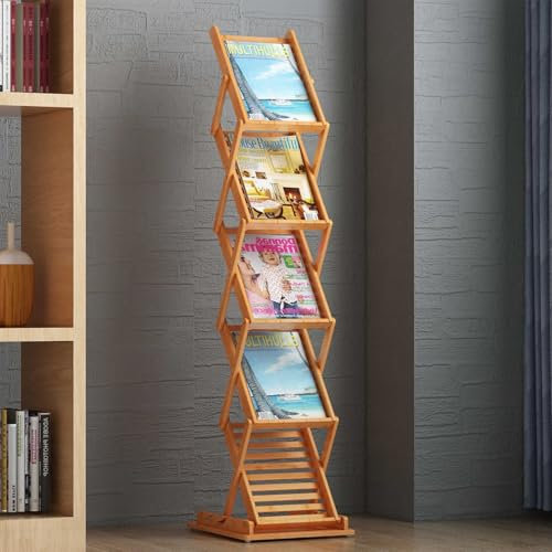 ZIHESY Bambus-prospekthalter A4 Prospektständer, Faltbare Displays Literaturständer mit 5 Taschen Bodenstehend, für Gemeinsamer Empfangsbereich und Messen
