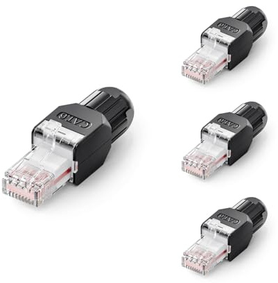 VCELINK Cat6 Conector RJ45 Sin Herramientas LSA, 1000 Mbps/250 MHz, Compacto y Reutilizable, Clavija RJ45 UTP Bañado en Oro para Cable de Red AWG 23-26, Compatible con PoE, Negro, 4 Unidades
