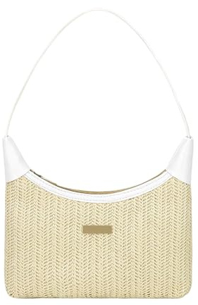 Mabecol Damen Schultertasche Stroh– Sommer Hobo Tasche Handtasche Vintage Stil – Elegante geflochtene Tasche für Alltag, Urlaub, Strand (Weiß)