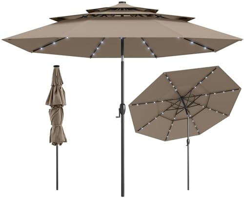 RELAX4LIFE Ombrellone da Giardino 3x3M, Ombrellone Parasole con Luci LED, Pannello Solare, Inclinazione Regolabile, Palo in Metello, Ideale per Spiaggia, Parco, Cortile (Marrone)
