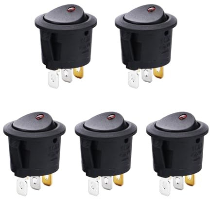 Powice 5X Mitte Glühen Kippschalter 12V/10A,Runder Selbstsichernder 3 Poliger Schalter mit Rotem Licht 12V,Schalter12V/230V Geeignet für den Einbau in Häusern, Autos und Elektrischen Geräten