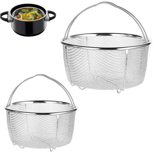 Yudobliss Cesta de Vapor de Malla, 2 Piezas Cesta de Malla para Cocinar al Vapor, Colador de Acero Inoxidable con Asas Plegables, Apto para lavavajillas, para Instant Pot, Ollas a Presión(18cm, 20cm)
