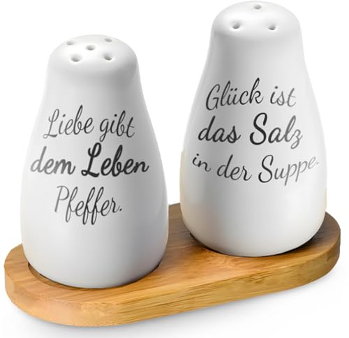 GD HUA Salz und Pfefferstreuer Hochzeitsgeschenk Set,2er-Pack Pfeffer- und Salzstreuer aus Keramik mit Bambus Tablett,Aufkleber, Geeignet als Hochzeitsgeschenk für Braut und Bräutigam