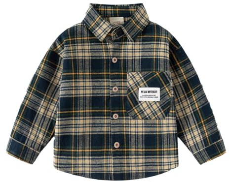 LUVCES Camisas de Franela a Cuadros para Niños Blusa Informal de Algodón con Botones Camisa Clásica con Bolsillo en el Pecho Otoño Primavera Ropa Cuadros Azul Marino 2-3 Años