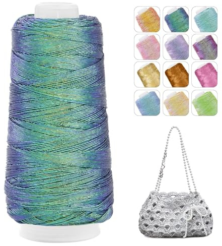 CAMAL Glitzer Makramee Garn 1mm x 475m Metallic-Garn zum Häkeln, 200g Luxuriöses Polyester Garn 3-lagiger Kern Häkelgarn für Taschen, Mützen, DIY Dekorationen (Buntes Grün)