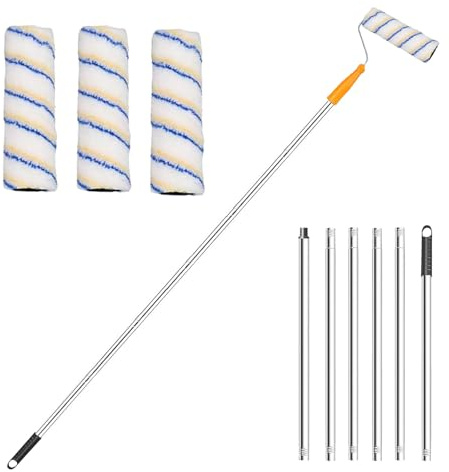 8FT Paint Roller Extension Pole, Paint Roller Set 3Pcs 9Inch Rollers Covers with Handle Stainless Steel Telescopic Detachable Pole Household Wall Painting Tool for Ceiling Windows
