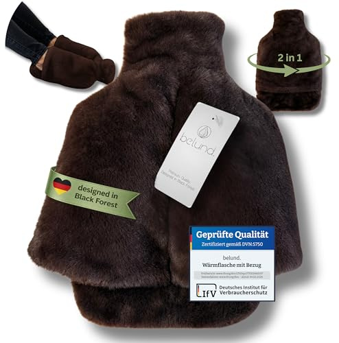 belund® Fußwärmer Wärmflasche 2in1 – Fußwärmflasche - flauschige Wärmflasche für Füße – Bettflasche mit extra dickem, waschbarem Plüschbezug, ohne Strom, lange warm – beidseitig weich – Espresso Braun