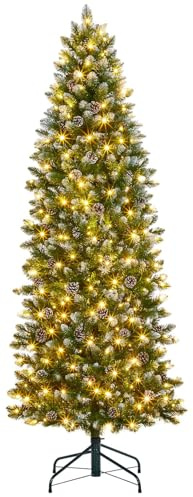230cm künstlicher Weihnachtsbaum Schmal mit Beleuchtung, Vorgeleuchteter Weihnachtsbaum Künstlich Bleistift mit Zapfen, Nadeln und warmweißer 350 LED, ca. 1000 Spitzen