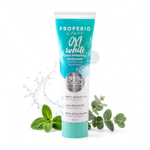 PROPERIO OXI white Extra Aufhellende Zahnpasta ohne Fluorid und Peroxid, Zahnaufhellung Zahnpasta mit PAP, Xylit und Calcium, niedrige Abrasivität, Minze-Eukalyptus-Geschmack, 100 ml