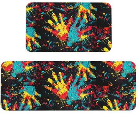 Colorful Handprints Kitchen Rugs Set of 2, Cushioned Anti-Fatigue Kitchen Mats for Floor, Waterproof Comfort Standing Mat Absorbent Velvet Kitchen Runner Rugs 17x30+17x47