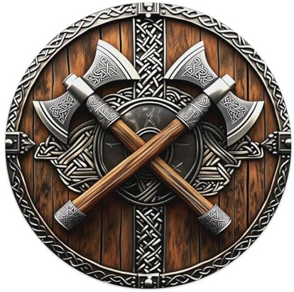 Viking Axes Celtic Shield Wood Art Round Tin Sign Vintage Style Wall Plaque Decoration Metal Poster 8x8 inch