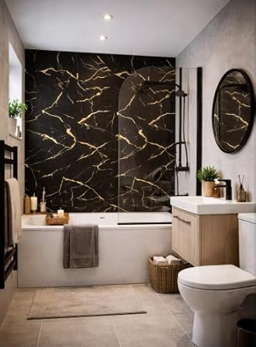 Be-Creative Lot de 4 panneaux muraux effet marbre noir et doré pour salle de bain – 240 cm x 60 cm – Panneaux de douche en PVC 100 % étanche pour salle de bain, douche et murs d'appartenance