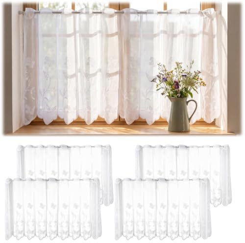 KiBlithemor 4er Set Scheibengardine, 130x45cm Scheibengardine Bistrogardine | Weiß Halbtransparent Besticke Scheibengardinen, Scheibengardinen Modern Schals Kurzgardinen für Küche, Wohnzimmer, Café