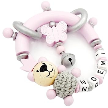 Greifling mit Namen - Häkelbär/Krone/Schmetterling in rosa/silber