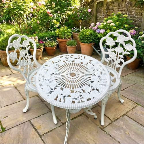 Lazy Susan London Rose Gartenmöbel-Set, rund, 2-Sitzer, Aluminiumguss, wetterfest, wartungsfrei, passende Bistro-Stühle, klassisches weißes Finish