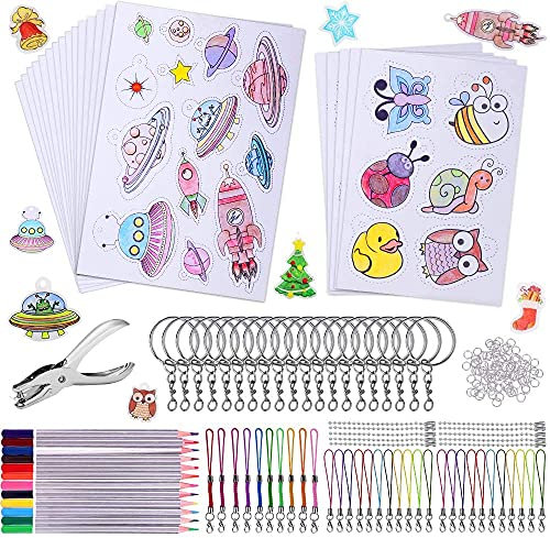 Contever 193 Stück Schrumpffolie Set, A4 Schrumpffolie Set Schlüsselanhänger Inklusiv 10 Schrumpfpapier Transparent,10 Schrumpffolie zum Basteln mit Muster, Schließe, Bleistifte, Locher,für Kinder