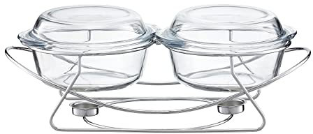 AMBITION Speisewärmer mit Glaseinsatz 2 x 2L Saule Warmhaltebehälter Warmhalteplatte 2 Kammer Servierschalen Deckel mit Griffen