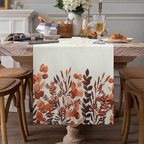 Tischläufer Esszimmer Tischdecke Modern Herbstlicher Läufer Leinen Dunkelorange Eukalyptus Tischwäsche Matte Küche Tischläufer Dekoration für Halloween Hochzeit Erntedankfest Tischdeko 33x183cm