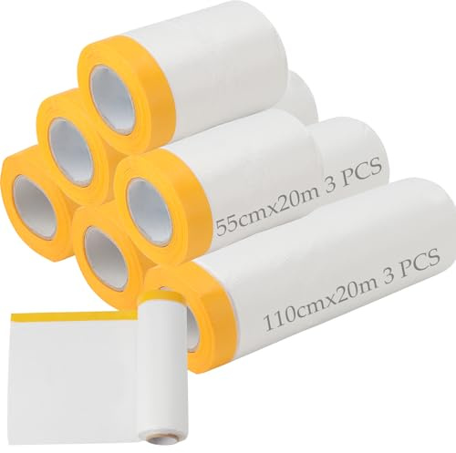 ZOENHOU 6 Pack 55cmx20m,110cmx20m Dust Sheet Rolls, Masking Film Roll Drop Cloth With Self Adhesive Tape, Plastic Painting Drop Film for Covering Walls, Cabinets, Furniture and Floors