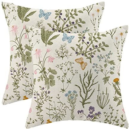 AEIOAE Spring Pillow Covers 18x18 Inch Set of 2,Sage Green Wild Flower Plant Throw Pillows Case,Seasonal Floral Outdoor Decorative Square Linen Farmhouse Decor Cushion Covers for Home Sofa Bed Couch