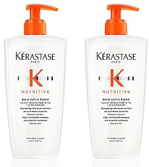 Kérastase Shampoo für trockenes bis sehr trockenes Haar, Nährendes Haarbad für mehr Glanz und Geschmeidigkeit, Bain Satin Riche, Nutritive, 2 x 500 ml