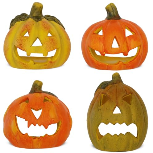 Kleine Kürbis-Laternen im 4er Set als Halloween-Deko LED Windlichter in 8 cm - Gruselige Jack-O-Lantern Teelichter Deko-Kürbisse - Herbst-Deko Teelichthalter innen und draußen für den Garten