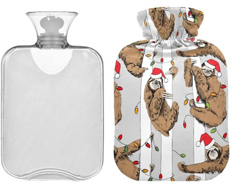 ZZXXB Frohe Weihnachten Faultier Wärmflasche mit Fleece-Bezug, PVC-Wärmbeutel, 2 Liter