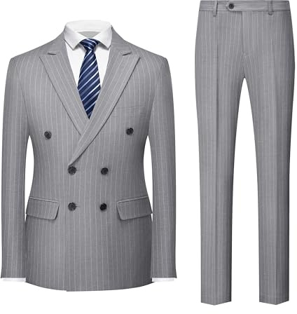 MOGU - Abito da uomo a doppio petto con righe, completo di giacca e pantaloni slim fit, smoking formale per affari, matrimonio o diploma, Grigio chiaro, XX-Large