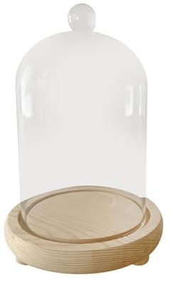 Clear Glass Dome Cloche Cover Stand Wooden Base Decorative Multifunctional Showcase Tabletop Centerpiece for Valentine's Day, 9x15cm