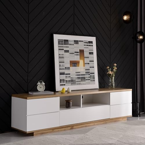 ZUUYEE TV-Schrank mit 5 Türen, Fernsehtisch mit 2 offenen Fächern, TV Lowboard mit Holzmaserung, 180 cm Lang, Fernsehschrank für Wohnzimmer Esszimmer Schlafzimmer