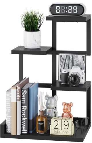 YMYNY étagère de Bureau en Bois, Présentoir de Rangement 4 Couches, Organisateur de Tablette Petite étagère avec Cadre en métal pour, Livres, Plantes, Jouets, 31 x 24 x 44,5 cm, Noir HSR007B