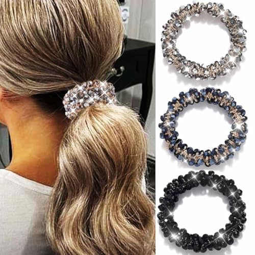 Reaky Perle Haar Band Strass Pferdeschwanzhalter Perlen Haar Scrunchy 3 Stück elastische Haarband Haarzubehör für Frauen (schwarz, silber, blau)