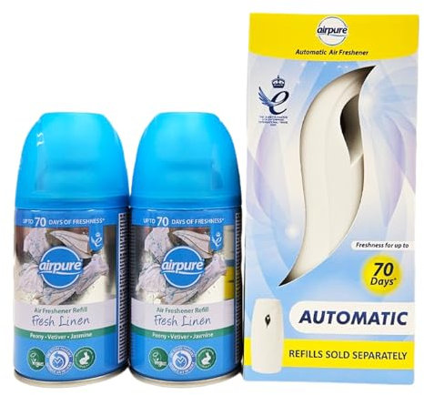 Airpure Air Freshener Bundle Pack: Enjoy Continuous Freshness with 2 Fresh Linen Tin Refills and an Automatic Air Freshener Device - Perfect for Effortless Home Odor Control and Invigorating Scent