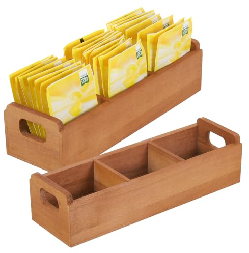 sourcing map 2 Pcs Tea Bag Organizer, 3 Compartments Pine Wood Tea Box with Handle, Tea Storage Organizer Holder for Tea Bags, Beverage Supplies Sugar Packet, Brown