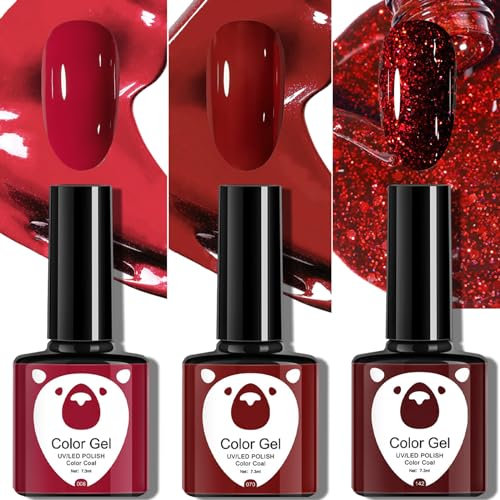 Red Gel Nail Polish Set, 3PCS Glitter Burgundy Dark Rednail Polish, Cherry Red Gel Varnish Sets, Soak off LED/UV Lamp Manicure Long Lasting Nail Varnish Kit for Christmas Women Nail Art Salon DIY Home